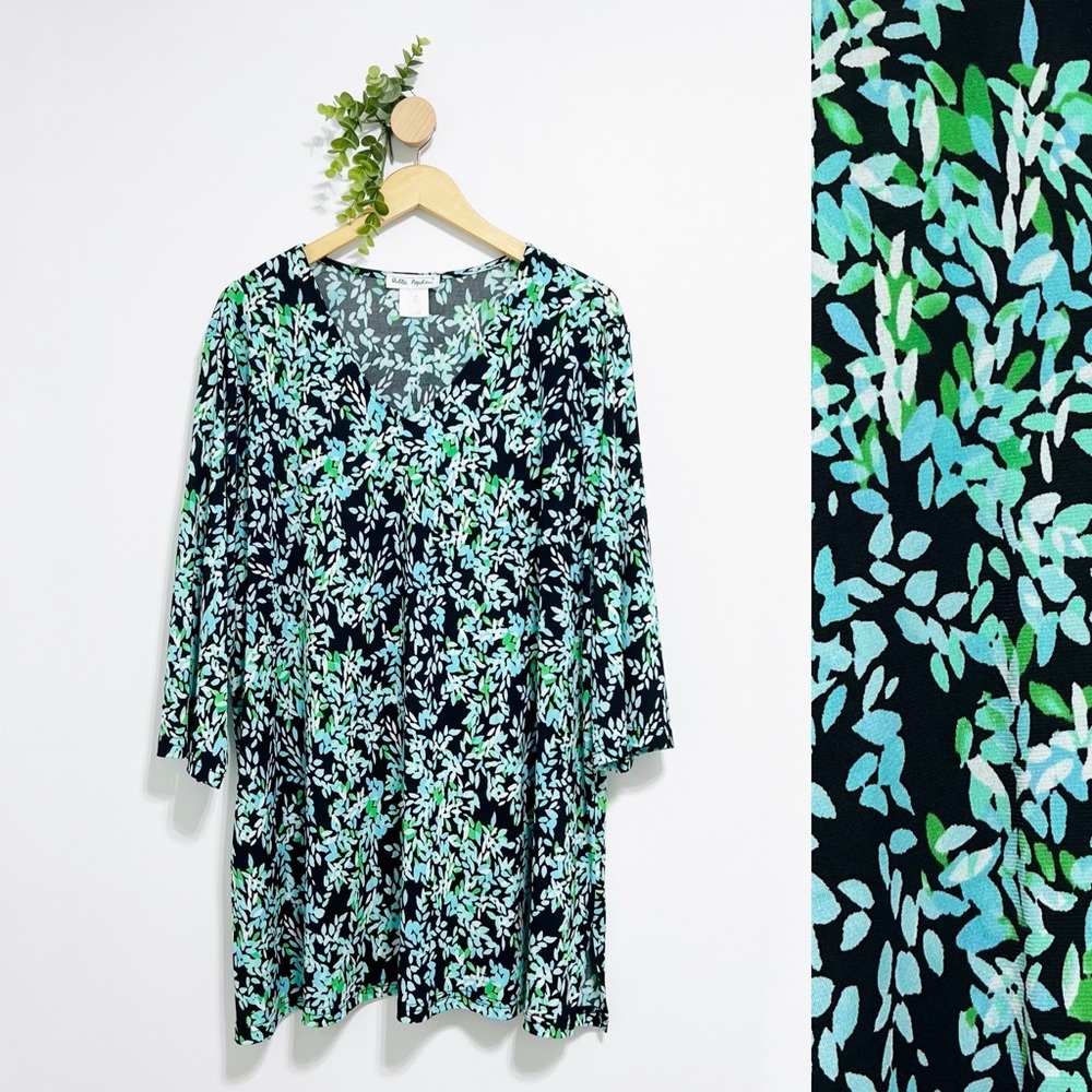 Ulla Popken Green Black Floral Stretch Lagenlook Tunic
